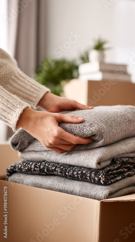 Woman hands packing folded knit sweaters into cardboard box. Seasonal wardrobe change, winter clothing storage. Secondhand donation, charity, home organization lifestyle concept.