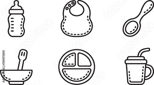 A set of simple line art icons illustrates baby feeding items such as a bottle, bib, spoons, a divided plate, and a sippy cup with a straw.