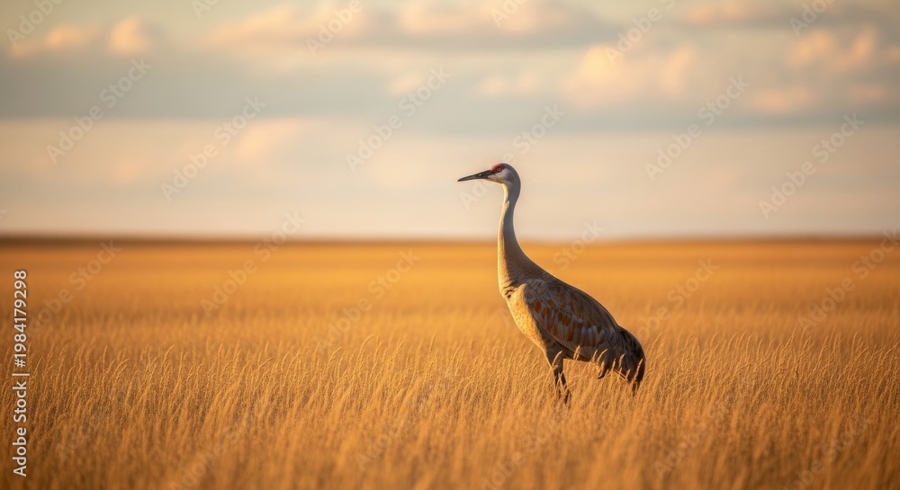 Fototapeta premium A large grey crowned heron with detailed feathers and a sharp beak stands in the wild grass at sunset, capturing the elegant essence of avian wildlife in its natural water habitat