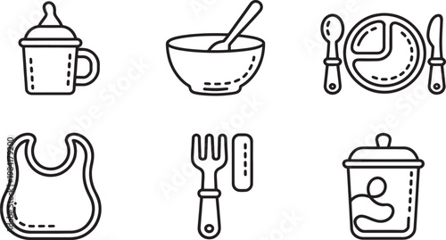 A set of simple line art icons representing baby feeding items, including a bottle, bowl, plate, bib, fork, and food container, against a white background.
