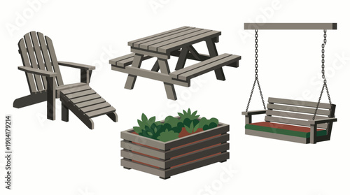 Vector set of wooden garden furniture including Adirondack chair picnic table porch swing and planter box isolated on white background