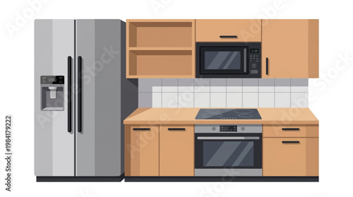 Modern kitchen interior vector illustration with refrigerator microwave and wooden cabinets