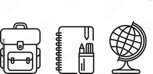 A minimalist black and white icon set featuring essential school items like a backpack, a notebook with pens, and a terrestrial globe on a white backdrop.