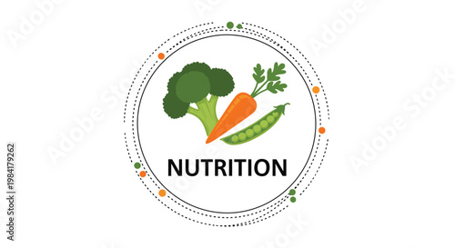 Health and nutrition logo design showcasing fresh green broccoli, a bright orange carrot, and a pea pod inside a decorative border.