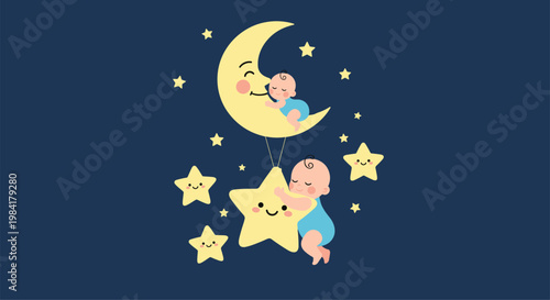 Sweet nursery illustration of two cute babies sleeping peacefully on a crescent moon and a yellow star amidst a starry night sky.