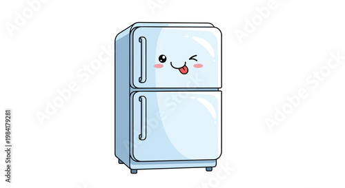 Playful cartoon refrigerator character with a winking face and its tongue sticking out, depicted in a friendly kitchen appliance style.