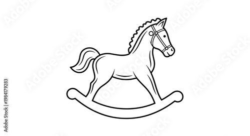 Simple black and white line art drawing of a classic wooden rocking horse toy for children, isolated on a white background for coloring.