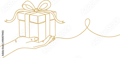 Elegant gold continuous one line drawing of a hand holding a gift box with a ribbon bow for luxury holiday surprises birthday presents and premium rewards isolated on white background.