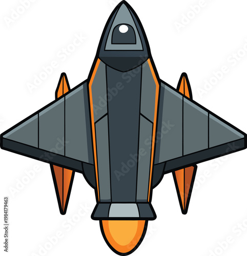 Isolated vector illustration of a 3D cartoon military jet fighter aircraft with wings and engines flying in the sky for air travel and transportation