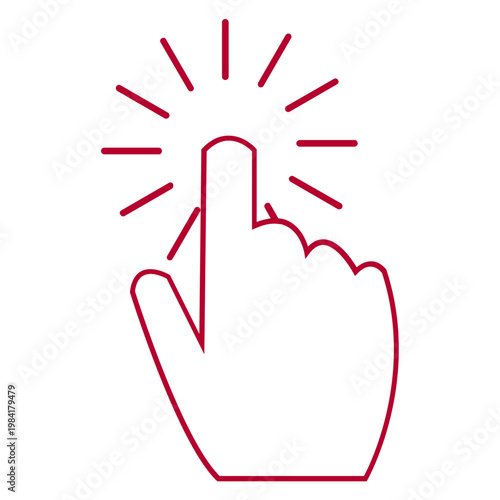 A hand clicks button with red lines indicating action happening
