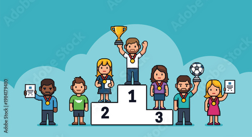 Pixel art illustration of athletes and competition winners standing on a podium with trophies and medals on a calm turquoise background.