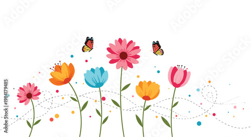 Vibrant garden landscape filled with colorful blooming flowers and fluttering butterflies, decorated with whimsical dots and lines.