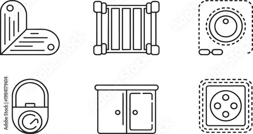 A grouping of functional icons representing a corner bracket, a shipping container, a circular power outlet, a padlock, a digital device, and a cabinet, all presented as distinct outline graphics.