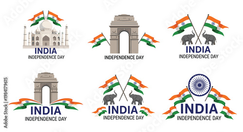 Set of India Independence Day emblem designs featuring famous landmarks like the Taj Mahal and India Gate with flags and elephants.
