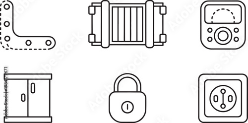 A set of industrial and security icons featuring a hinge, a cargo container, a meter, a cabinet, a padlock, and an electrical outlet, rendered as clean line art on a plain background.