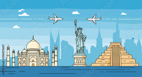 World travel illustration featuring famous landmarks like the Taj Mahal, Statue of Liberty, and Pyramids with planes in the blue sky.