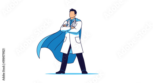 Brave medical doctor standing in a heroic pose wearing a white coat and a blue superhero cape, symbolizing healthcare workers.