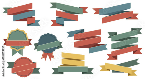 Set of Vintage Ribbon Banners and Retro Badge Collection in Flat Design Style for Graphic Elements.