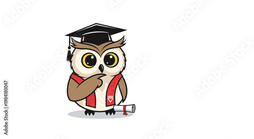 Wise cartoon owl wearing traditional black graduation cap and academic gown while holding rolled diploma scroll for education success.