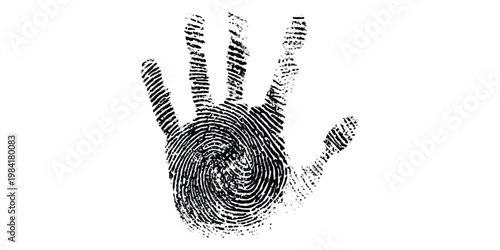A black and white imprint of a hand showing detailed fingerprint patterns on a white background