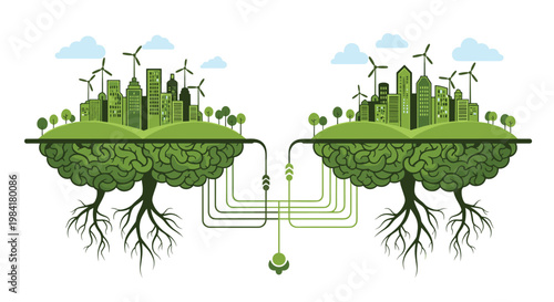Conceptual illustration of two green sustainable cities growing on human brains connected by network roots representing collective intelligence.