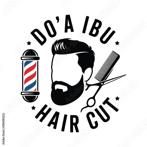 Vintage barber shop logo featuring a stylish haircut and classic tools