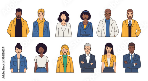 Diverse collection of male and female characters from various ethnic backgrounds dressed in stylish modern outfits for social representation.
