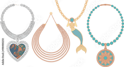 Elegant jewelry collection featuring nautical mermaid tail necklace, turquoise beaded pendant, bohemian heart locket, and multilayered rose gold beads.