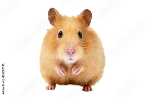 Golden Syrian hamster isolated on black background looking at camera.