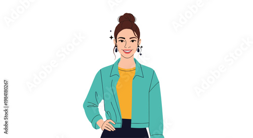 Portrait of smiling young woman with dark hair bun wearing teal denim jacket and yellow t-shirt isolated on white background.
