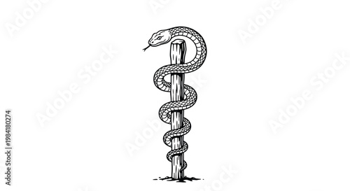 Classic medical symbol known as the Rod of Asclepius featuring single snake coiled around wooden staff in black ink style.