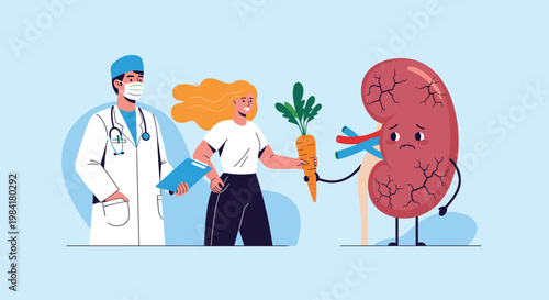 Health and nutrition concept with doctor and woman offering carrot to sad kidney character for renal care awareness.