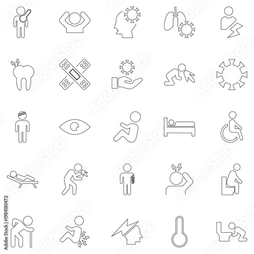 Medical sickness icons set healthcare symptoms. Collection of medical icons showing common illnesses, symptoms, and healthcare elements like doctor, hospital, pain, infection, and treatment visuals.