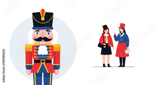 Festive illustration of traditional nutcracker soldier character alongside two women in matching military inspired parade uniforms.