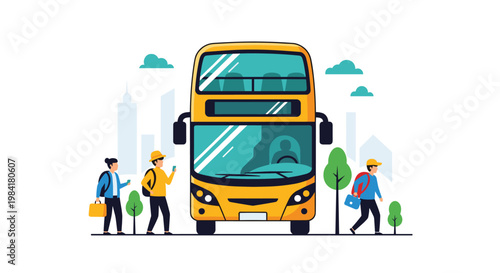 Urban transportation scene featuring modern yellow double decker city bus with passengers walking on sidewalk background.