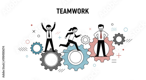 Business concept of teamwork showing professional people collaborating and moving large gears to achieve successful results.