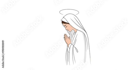 Religious illustration of Virgin Mary in white veil and gown with hands folded in prayer and halo representing faith and devotion.