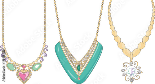 Elegant jewelry collection featuring pink heart pendant, turquoise V-shaped statement collar, and ornate gold medallion necklace with decorative gemstone accents vector illustration.