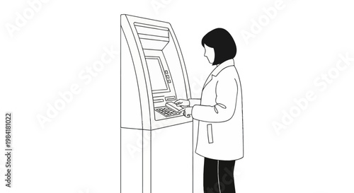 Minimalist black and white line art illustration of a woman standing and using an automated teller machine or ATM to withdraw cash or check her bank balance on a white background.
