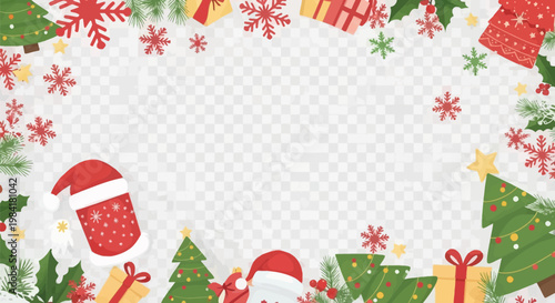 Christmas border illustration with green decorated pine trees, red Santa hats, snowflakes, holly berries, pine branches, and gift boxes surrounding a blank transparent center space.