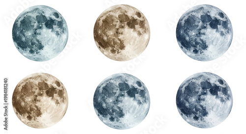 A collection of six watercolor illustrations depicting the full moon with detailed craters and maria in blue and brown sepia tones, isolated on a white background for astronomical design.