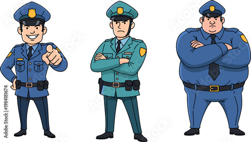 Cartoon police officers characters in different styles including smiling strict and overweight cop poses isolated vector illustration