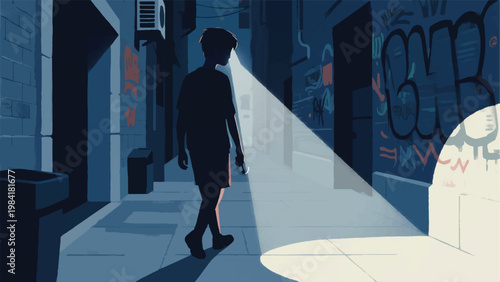 Illustration Of A Person Walking On A Dark Path Using A Headlamp To Form A Line Of Light Vector Design Template