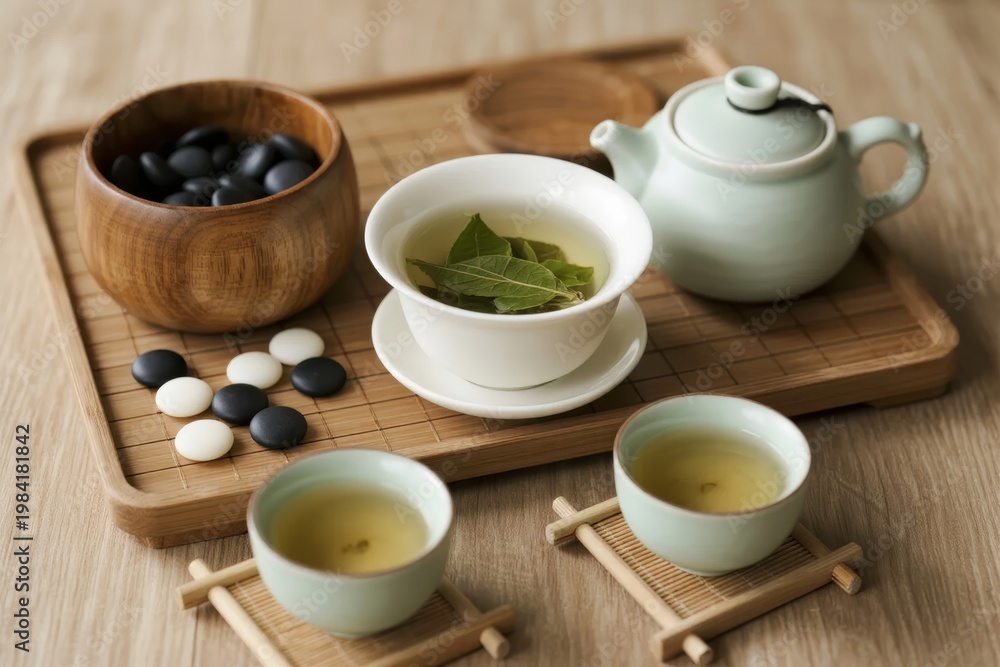 Fototapeta premium Traditional tea set with green tea, teapot, cups, and decorative stones on a wooden tray