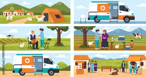 Rural medical services with ambulance vector illustration