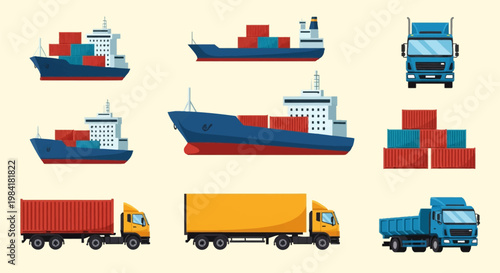 Flat vector illustration collection of global logistics freight transport including cargo ships loaded with containers, semi-trucks, delivery vehicles, and industrial shipping units.
