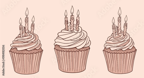 Three hand-drawn birthday cupcakes with swirling frosting and three lit candles in paper liners, sepia tone monochrome vector illustration set against a solid pale background.