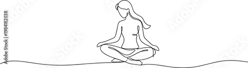 Minimalist continuous one line drawing of a woman sitting in lotus yoga pose for wellness meditation mental health and spa branding concepts isolated on white background.