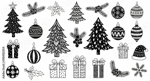 Black and white Christmas vector icon set featuring hand-drawn evergreen trees, decorative bauble ornaments, wrapped gift boxes with ribbons, holly leaves, pine branches, and a Santa hat.