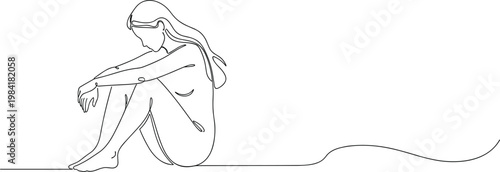 Minimalist continuous one line drawing of a lonely young woman sitting on the floor with head down for mental health awareness depression and emotional wellness concepts isolated on white background.